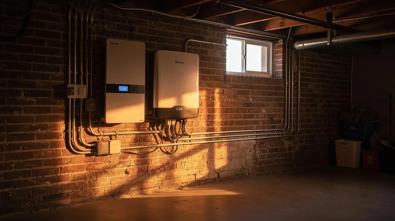 Installed home backup battery system in a Washington DC rowhouse basement next to solar inverter equipment