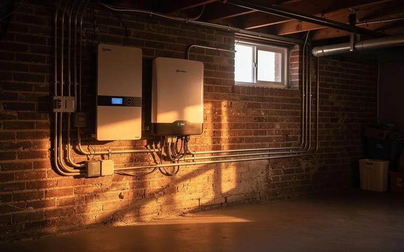 Installed home backup battery system in a Washington DC rowhouse basement next to solar inverter equipment