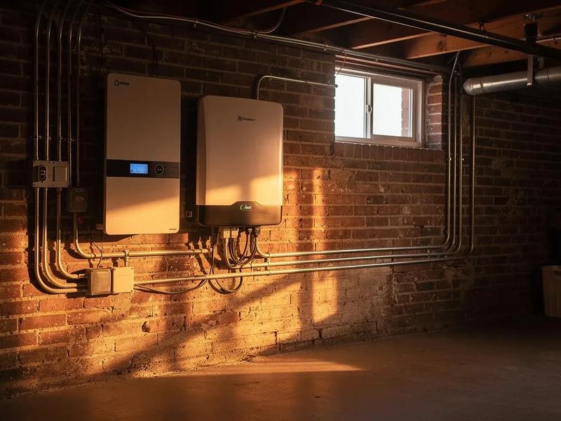 Installed home backup battery system in a Washington DC rowhouse basement next to solar inverter equipment