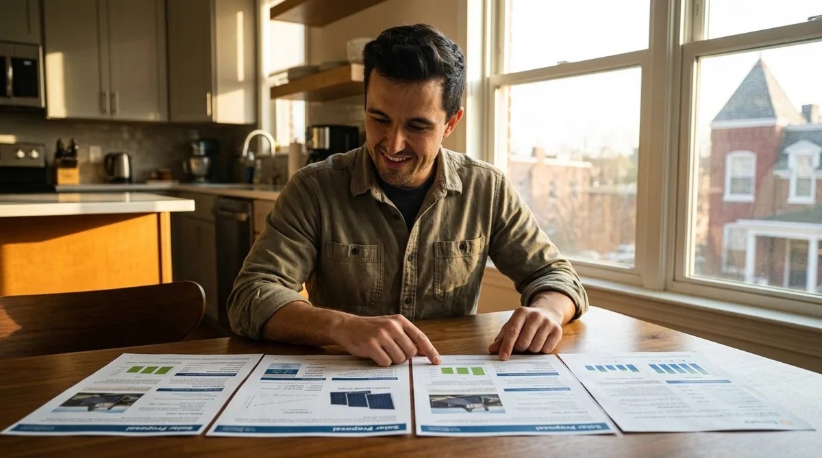 DC homeowner sitting at a kitchen table reviewing multiple solar proposal documents side by side, warm natural light through window, organized and thoughtful atmosphere
