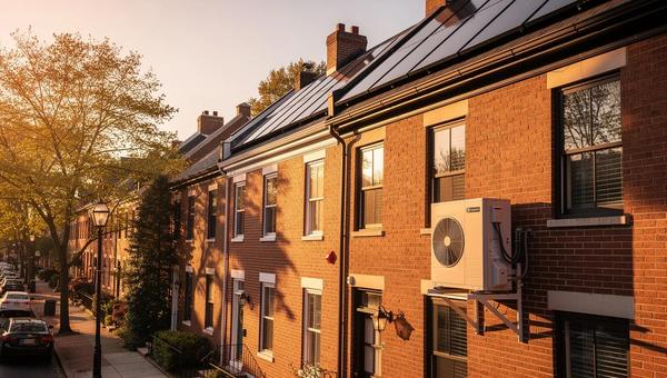 DC rowhouse with rooftop solar panels and a heat pump unit outside, representing DC electrification incentives in 2026