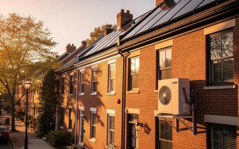 DC rowhouse with rooftop solar panels and a heat pump unit outside, representing DC electrification incentives in 2026