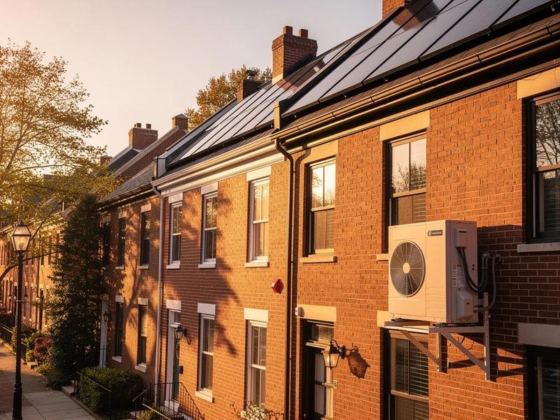 DC rowhouse with rooftop solar panels and a heat pump unit outside, representing DC electrification incentives in 2026