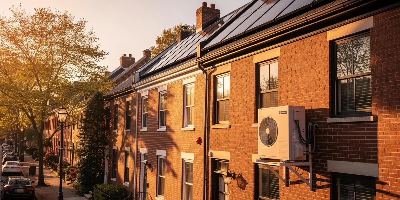 DC rowhouse with rooftop solar panels and a heat pump unit outside, representing DC electrification incentives in 2026
