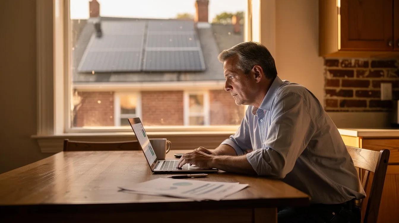 A DC homeowner reviewing solar monitoring data on a laptop in a brick row house, with rooftop solar panels visible through the window