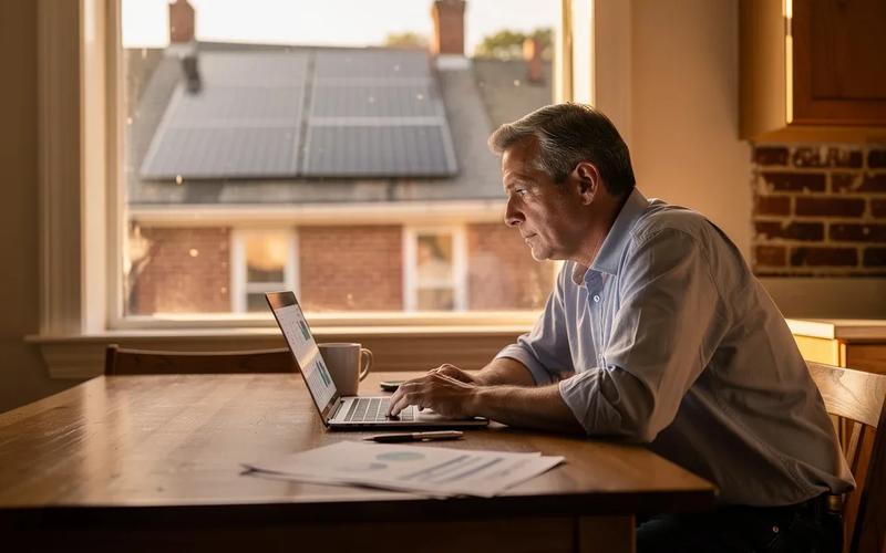 A DC homeowner reviewing solar monitoring data on a laptop in a brick row house, with rooftop solar panels visible through the window