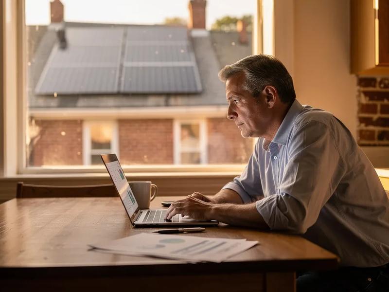 A DC homeowner reviewing solar monitoring data on a laptop in a brick row house, with rooftop solar panels visible through the window