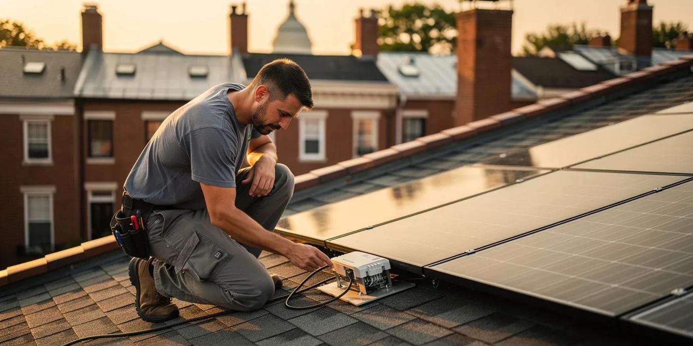 Close-up of an Enphase microinverter mounted beneath a solar panel on a DC rowhouse roof, showing warranty label and wiring connections