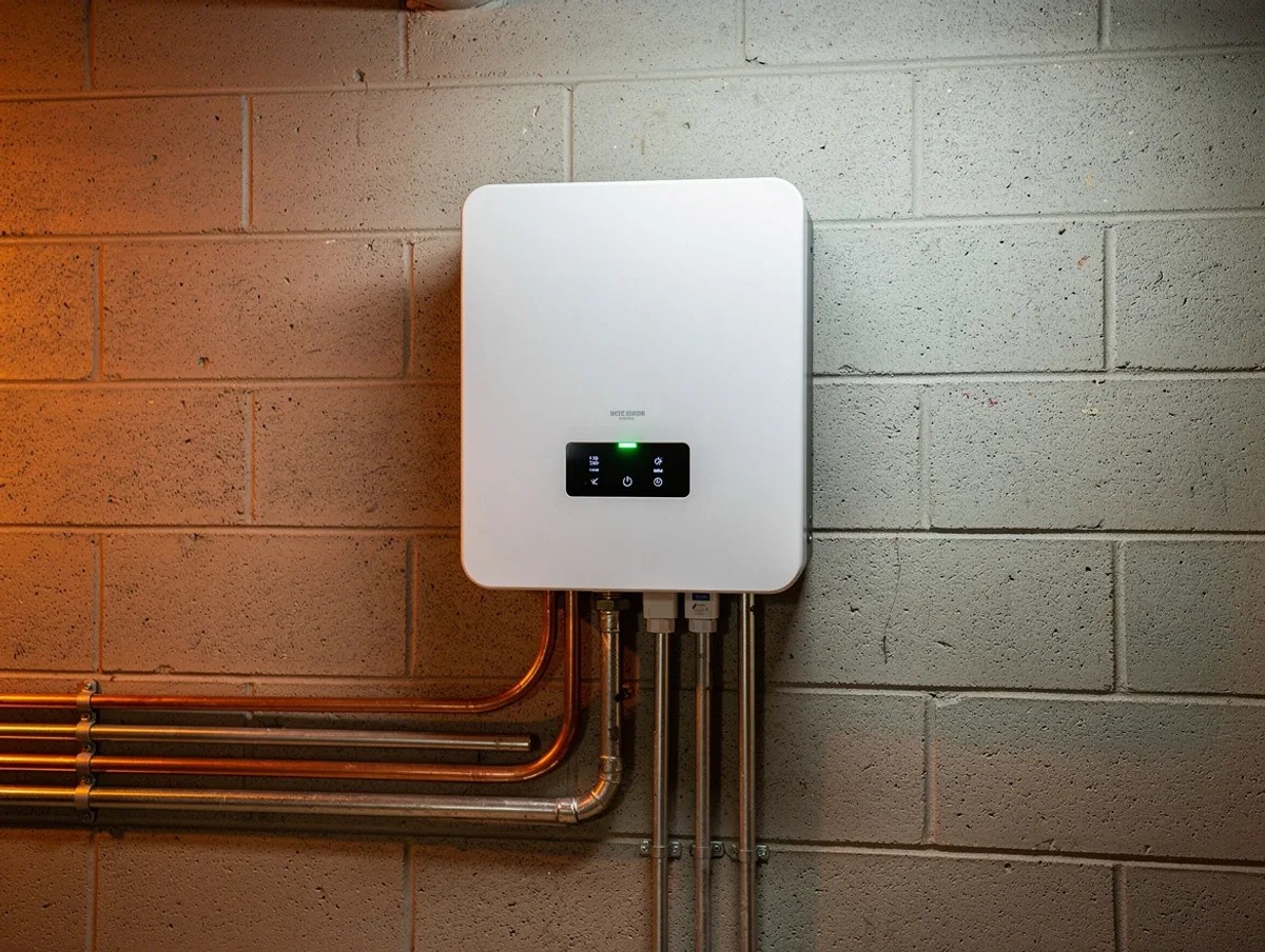 Residential solar inverter mounted in a DC row house utility room showing system status