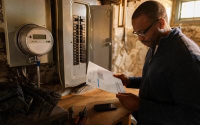 Pepco meter wall in a DC rowhouse basement, showing community solar bill credit lines on a printed statement, Clearway community solar comparison