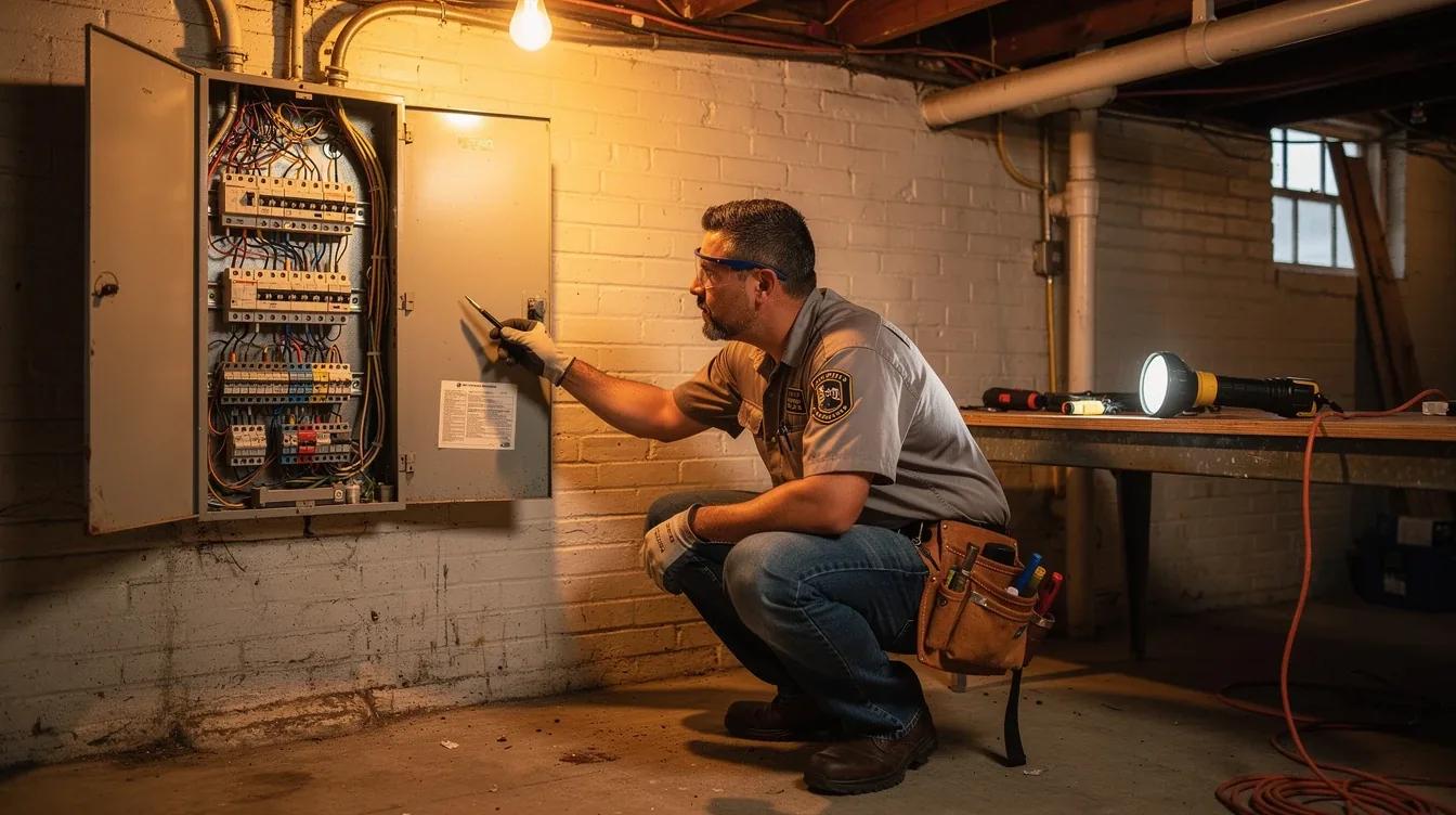 Electrician reading an electrical panel in a DC row house basement to determine amp service size