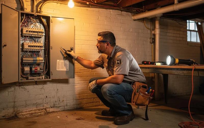 Electrician reading an electrical panel in a DC row house basement to determine amp service size