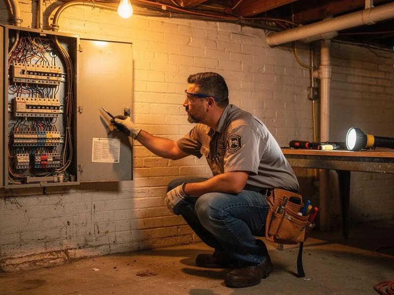 Electrician reading an electrical panel in a DC row house basement to determine amp service size