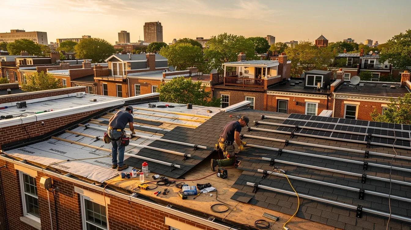 DC rowhouse roof replacement with solar panels being installed simultaneously in Washington DC 2026