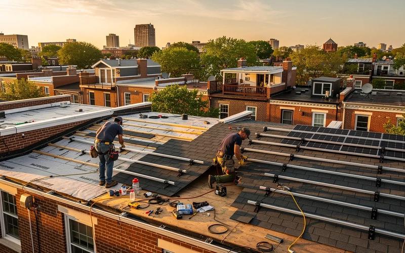 DC rowhouse roof replacement with solar panels being installed simultaneously in Washington DC 2026