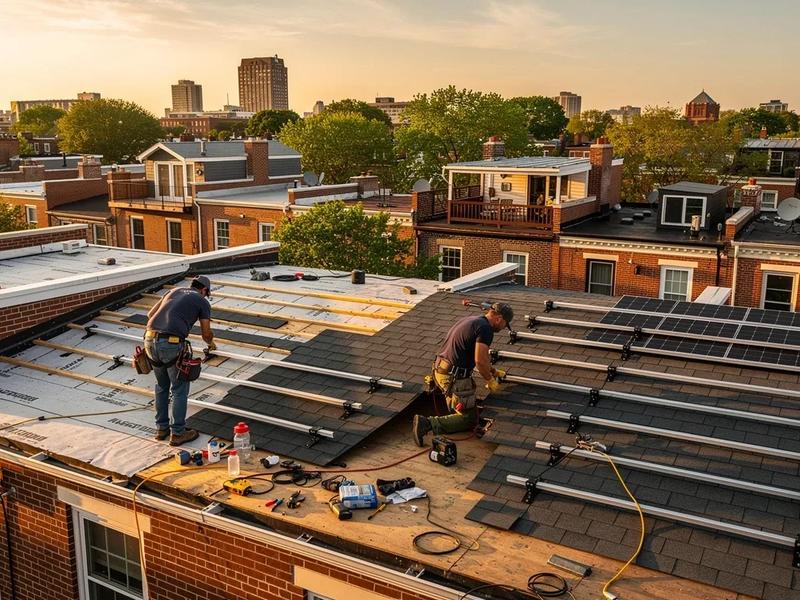 DC rowhouse roof replacement with solar panels being installed simultaneously in Washington DC 2026