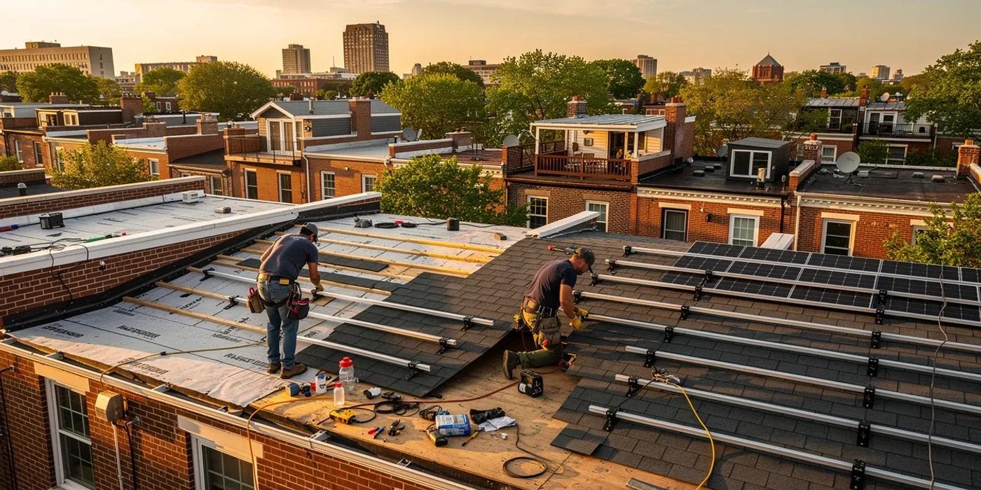 DC rowhouse roof replacement with solar panels being installed simultaneously in Washington DC 2026