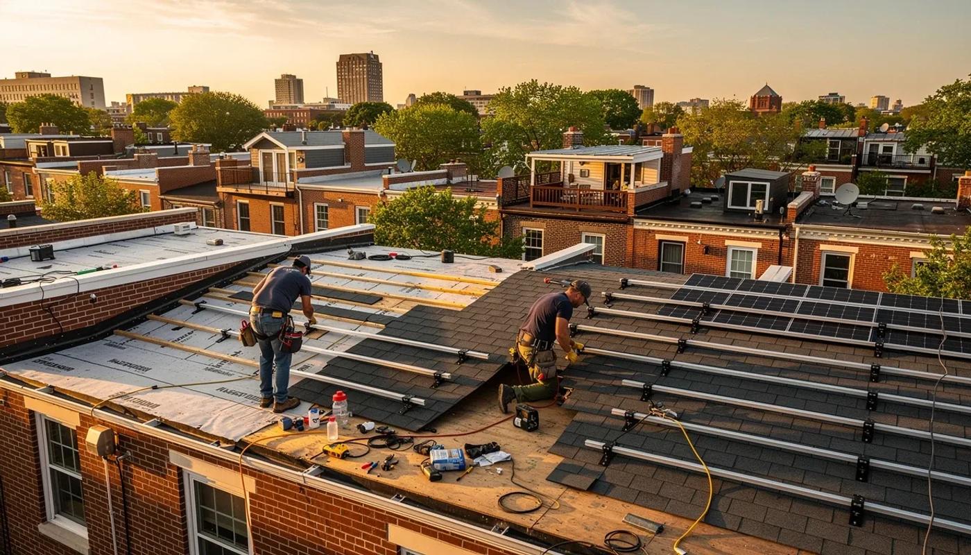 DC rowhouse roof replacement with solar panels being installed simultaneously in Washington DC 2026