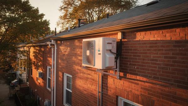 Heat pump outdoor unit installed on the side of a DC rowhouse with brick facade, Washington DC