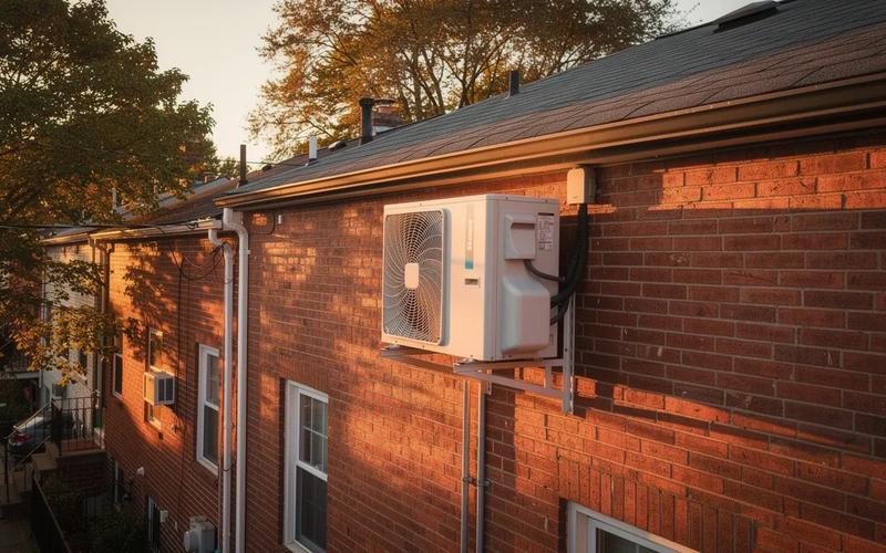 Heat pump outdoor unit installed on the side of a DC rowhouse with brick facade, Washington DC