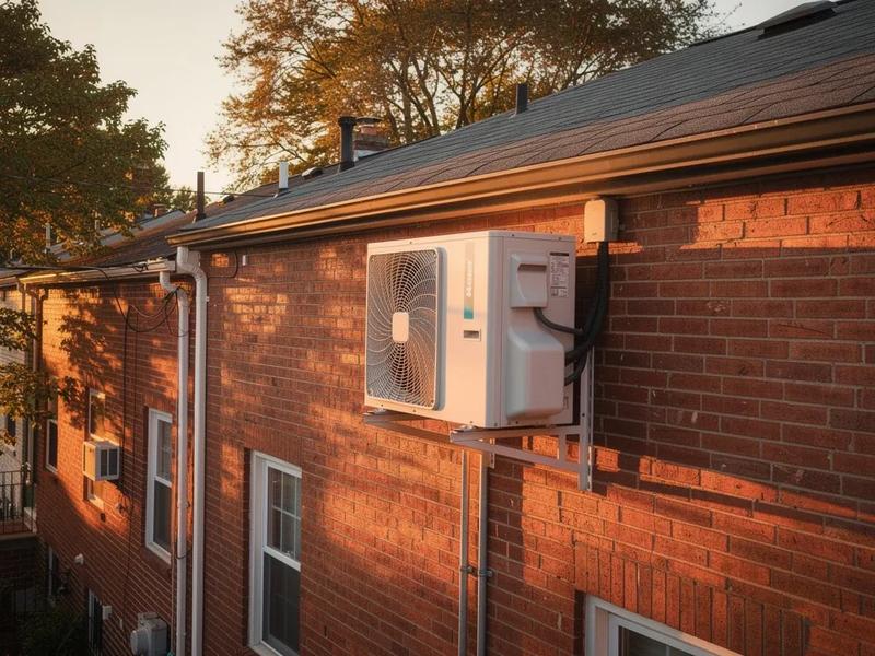 Heat pump outdoor unit installed on the side of a DC rowhouse with brick facade, Washington DC