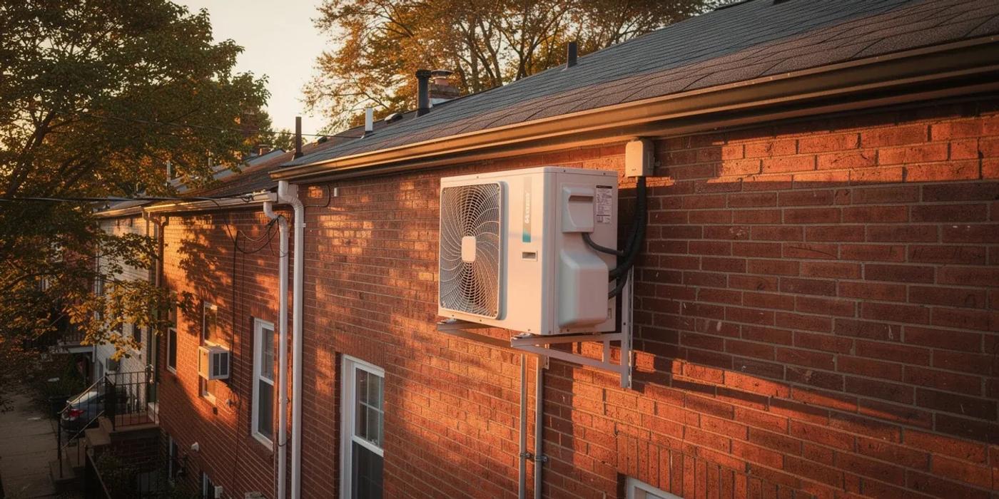 Heat pump outdoor unit installed on the side of a DC rowhouse with brick facade, Washington DC