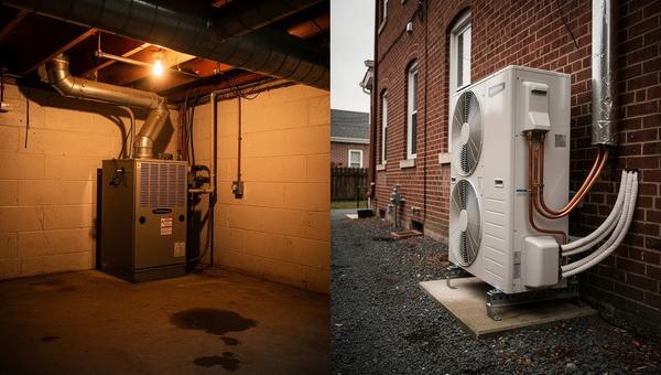 Washington DC row house with heat pump unit and solar panels on roof