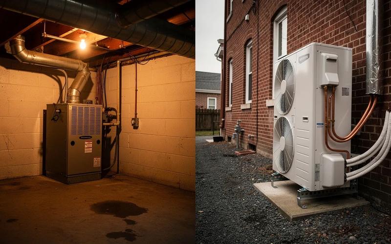 Washington DC row house with heat pump unit and solar panels on roof