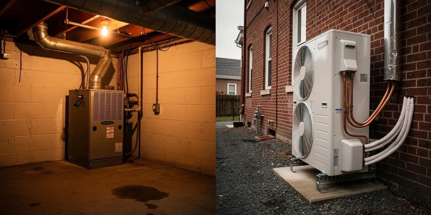Washington DC row house with heat pump unit and solar panels on roof