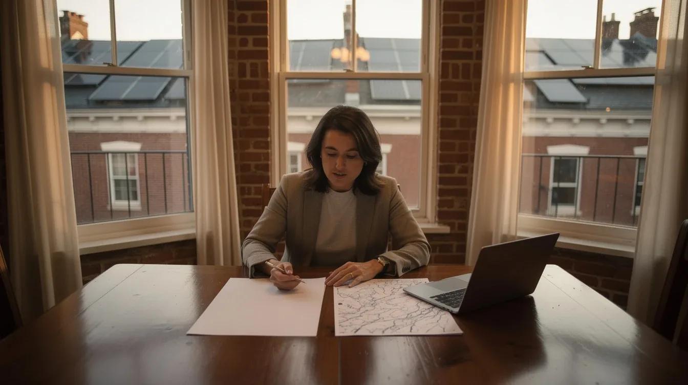 DC homeowner reviewing solar panel financing documents at a kitchen table in a Capitol Hill row house