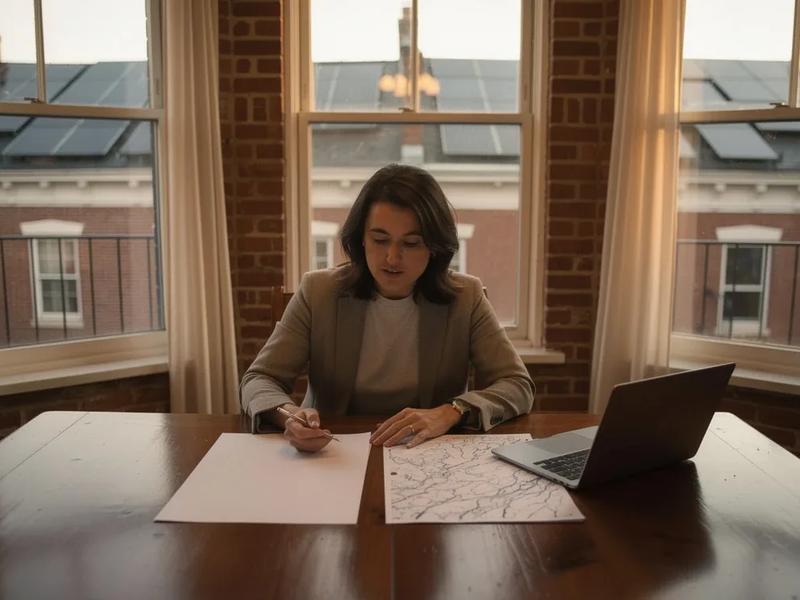 DC homeowner reviewing solar panel financing documents at a kitchen table in a Capitol Hill row house
