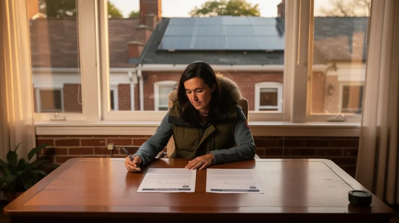 A DC homeowner reviews a solar installation contract at a kitchen table in a brick row house, with solar panels visible on a neighboring rooftop through the window
