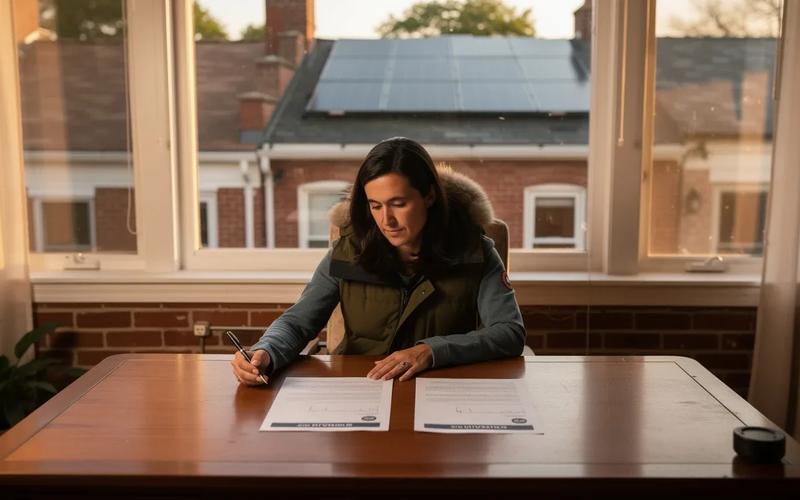 A DC homeowner reviews a solar installation contract at a kitchen table in a brick row house, with solar panels visible on a neighboring rooftop through the window