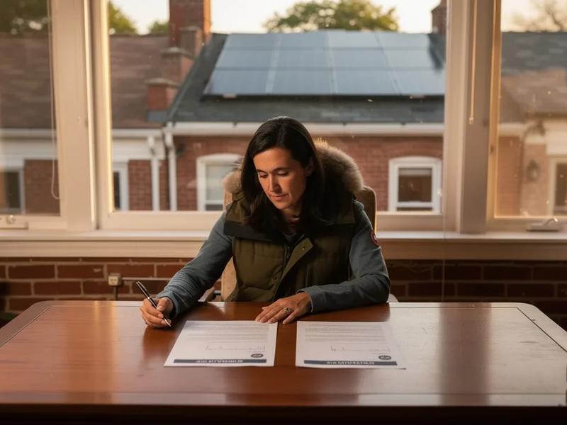 A DC homeowner reviews a solar installation contract at a kitchen table in a brick row house, with solar panels visible on a neighboring rooftop through the window