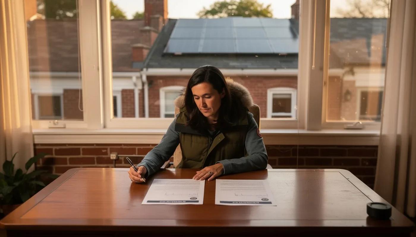 A DC homeowner reviews a solar installation contract at a kitchen table in a brick row house, with solar panels visible on a neighboring rooftop through the window