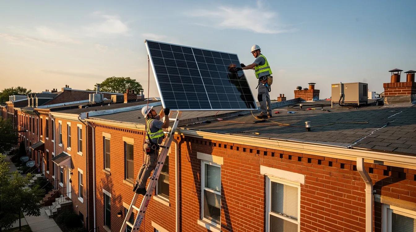 End-of-life solar panels stacked for recycling on a Washington DC rooftop job site