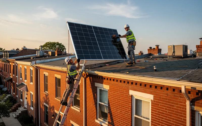 End-of-life solar panels stacked for recycling on a Washington DC rooftop job site
