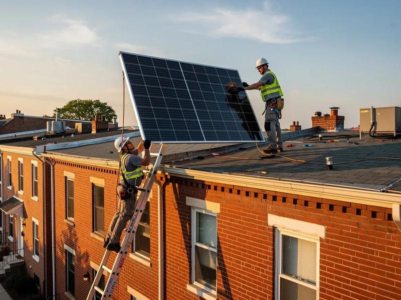 End-of-life solar panels stacked for recycling on a Washington DC rooftop job site