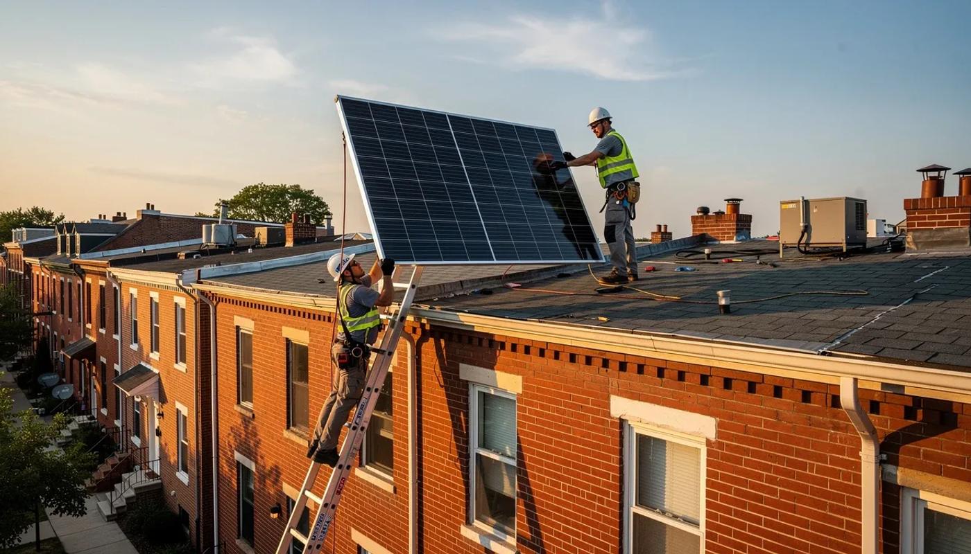 End-of-life solar panels stacked for recycling on a Washington DC rooftop job site
