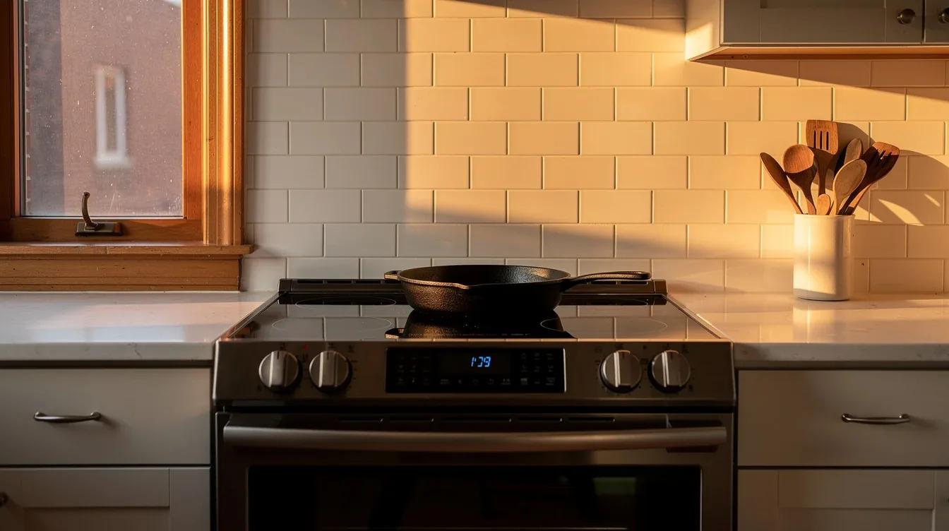 Induction stove installed in a DC rowhouse kitchen with modern cabinetry