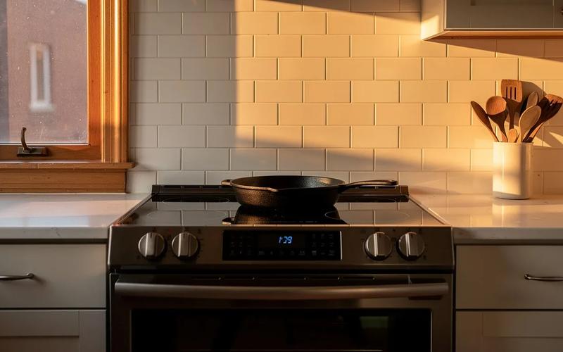 Induction stove installed in a DC rowhouse kitchen with modern cabinetry