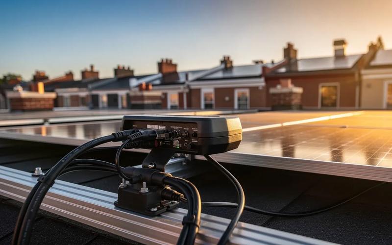 SolarEdge power optimizer mounted on a solar panel on a Washington DC rooftop, illustrating solar inverter optimizer failure prevention