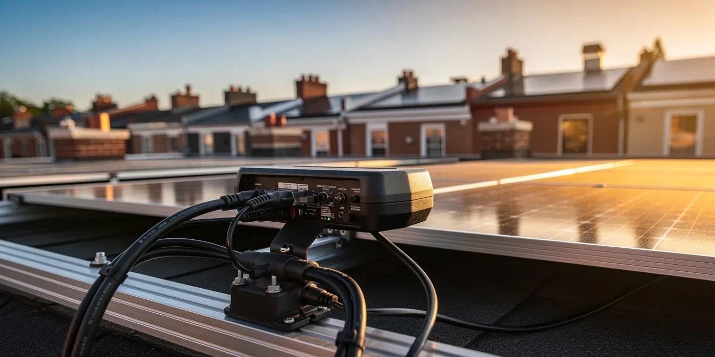 SolarEdge power optimizer mounted on a solar panel on a Washington DC rooftop, illustrating solar inverter optimizer failure prevention