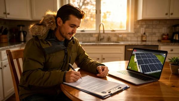 DC homeowner reviewing solar contract terms at kitchen table with installer proposal documents
