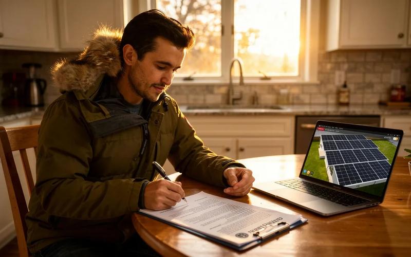DC homeowner reviewing solar contract terms at kitchen table with installer proposal documents