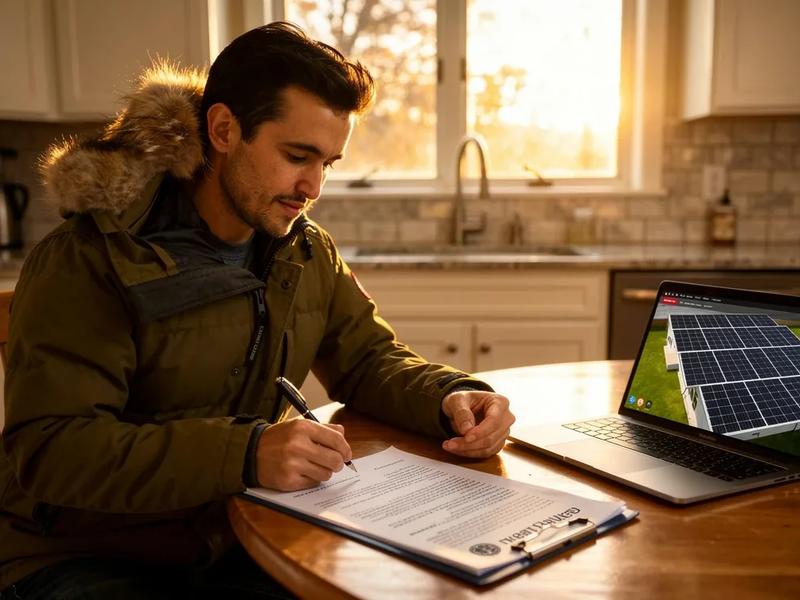 DC homeowner reviewing solar contract terms at kitchen table with installer proposal documents
