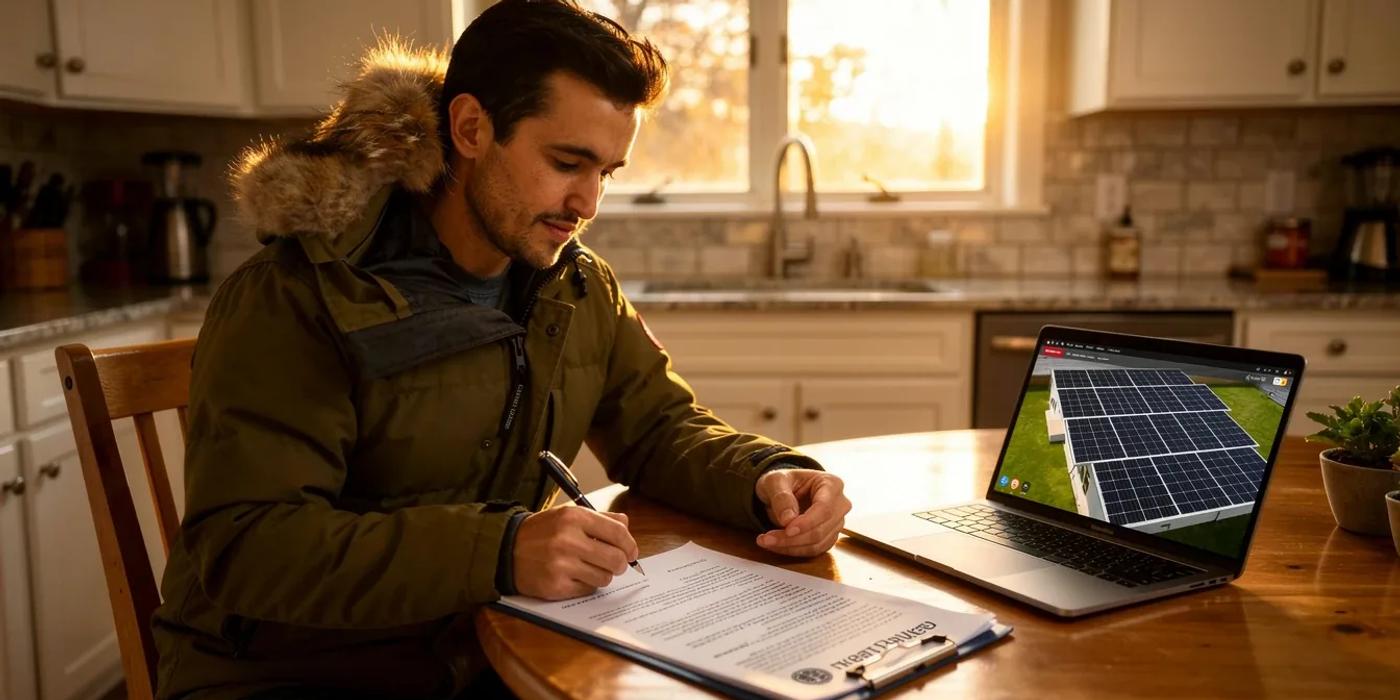 DC homeowner reviewing solar contract terms at kitchen table with installer proposal documents