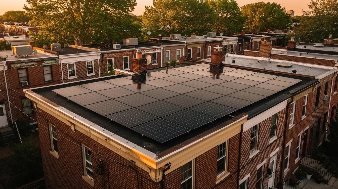 Rooftop solar panels on a DC row house with the Capitol dome visible in the background, illustrating solar carbon offset in Washington DC