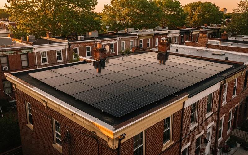 Rooftop solar panels on a DC row house with the Capitol dome visible in the background, illustrating solar carbon offset in Washington DC