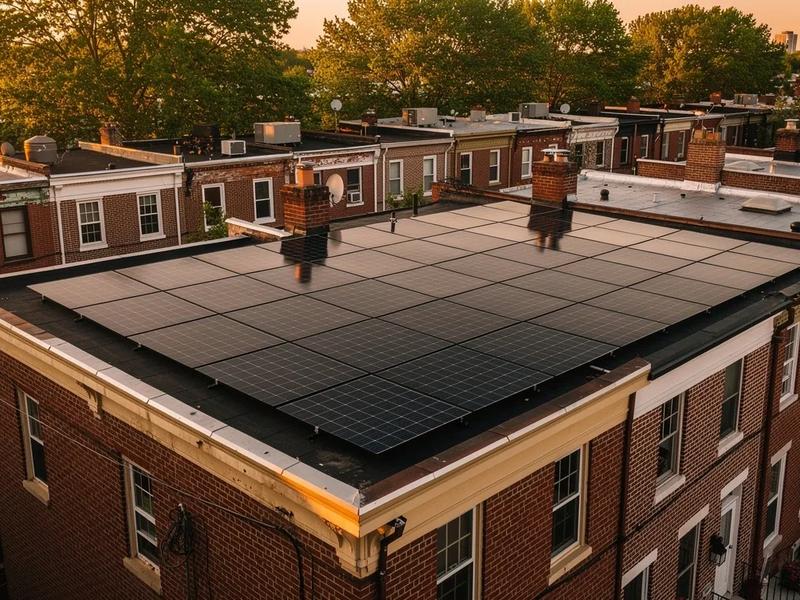 Rooftop solar panels on a DC row house with the Capitol dome visible in the background, illustrating solar carbon offset in Washington DC